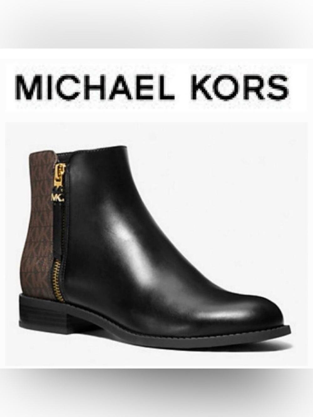Michael Kors Black Leather & Brown Logo-Print Ankle Booties